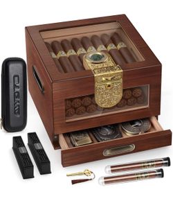 Glass Top Cigar Humidor with Digital Hygrometer & Accessory Drawer Cedar Wood Humidor Cigar Box, Equipped Dual Humidifiers, Comes with Portable Travel