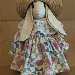 Bunny Handmade Dress Bloomers Straw Bonnet With Flower 20" x 12" Home Decor