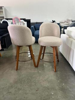 Bekrvio 26" Swivel Counter Height Bar Stools Set of 2 Mid-Century Modern Linen Upholstered Bar Chairs with Back & Wood Legs,Kitchen Island Stools,Sand