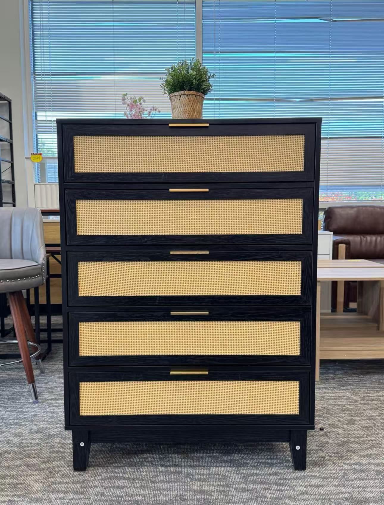 🔥Brand New🔥 Tall 5-Drawer Rattan Dresser – Stylish Storage Cabinet with Durable Wood Construction. Perfect for Bedroom, Closet, Living Roo