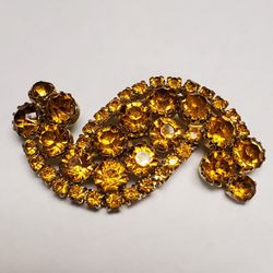 Vintage S Shaped Large Tiered Brooch With Large Amber Color Rhinestones 