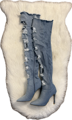 Distressed Denim Thigh High Stiletto Boots