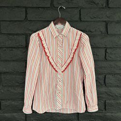 Vintage Karman 70s/80s Western Red, White & Blue Striped Snap Ruffled Blouse with Eyelet Lace Trim