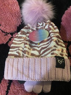 Brand New 2 Pc Set  Justice Pink and White Zebra Sequin Beanie with Pom Pom