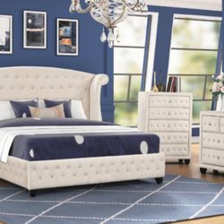 NEW 5 PCS CREAM VELVET QUEEN BEDROOM SET ! MATTRESS SOLD SEPARATELY 