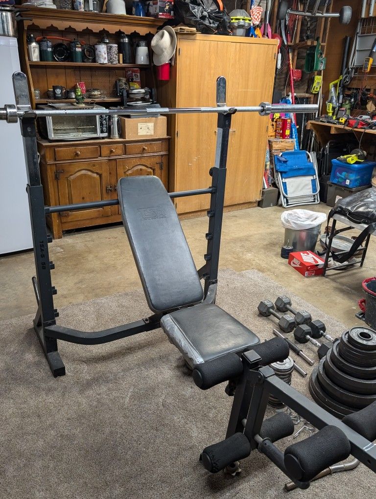 TSA Bench Press/ Squat rack Full Set Of Sports Authority Weights York Barbell Adjustable Dumbbells And Curling Bar