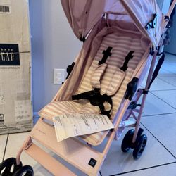 babyGap Classic Stroller - Lightweight Stroller with Recline, Compact Fold & Removable Parent Organizer - Made with Sustainable Materials, Pink Stripe