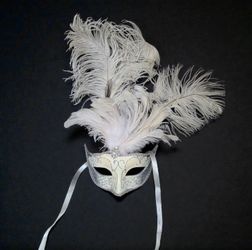 White Silver Glitter Feather And Rhinestone Masquerade Mask