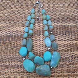 Faux Turquoise Marbled Stone Chunky Statement Necklace Silver Tone Boho Style 