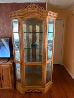 Oak Curio Cabinet with Glass Shelves
