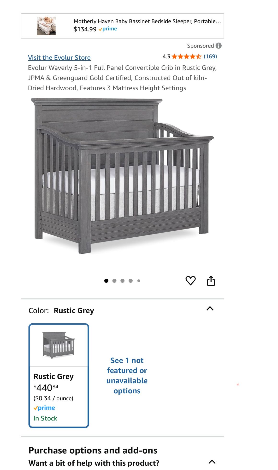 Evolur Waverly 5-in-1 Full Panel Convertible Crib Plus Mattress