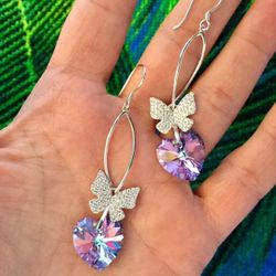 Lovely Sterling silver CZ butterfly with Amethyst Crystal Hearts long earrings / NEW 💛💚💜