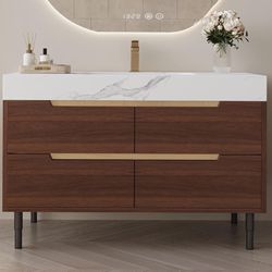 Freestanding Wood Bathroom Vanity with Sintered Stone Countertop and Ceramic Basin Sink