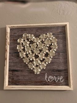 Farmhouse wooden wall decor heart with metal flowers