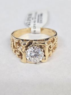 14kt Gold Nugget Solitaire Ring with Clear Stone