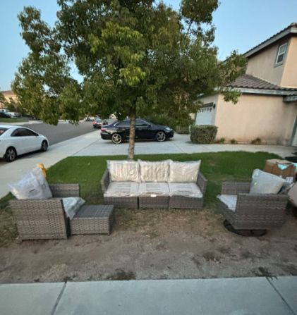 High Quality Patio Furniture Set Three Seater Patio Couch One Single Chair One Swivel Rocking Chair Coffee Table High Quality Patio Set Thick Cushion