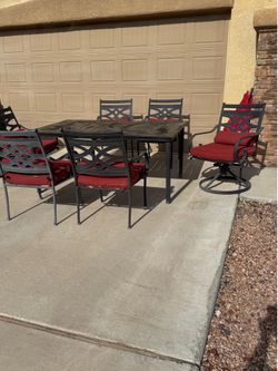 Gorgeous all metal patio set of 7 piece, with cushions and free 1 umbrella. Sell as is. PRICE FIRM $ 600, West 79912