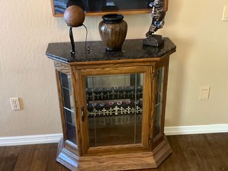 Vintage Solid Oak Hexagonal Curio Cabinet / Console granite top