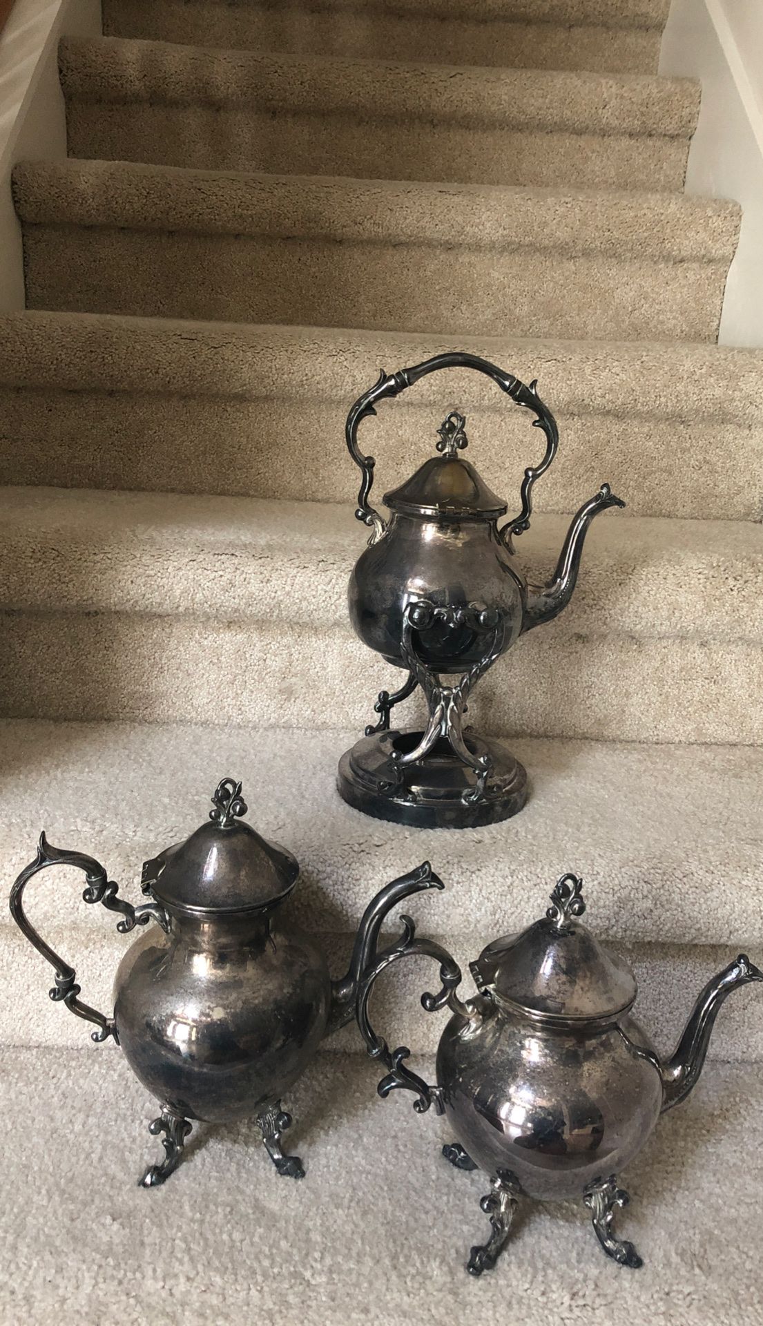 3 Silver Copper Tea Pots vintage