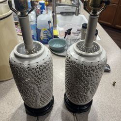 Vintage Pair of Chinoiserie White Table Lamps