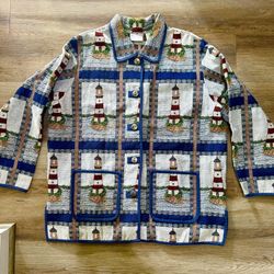 Lighthouse Tapestry Brocade Barn Jacket w/Silver Anchor Buttons Size XL