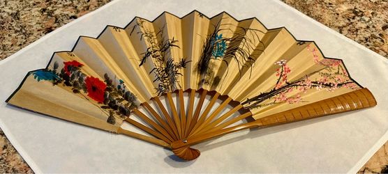 Vintage Japanese Folding Cherry Blossom Wide Bamboo Frame Cooling or Decorative Fan