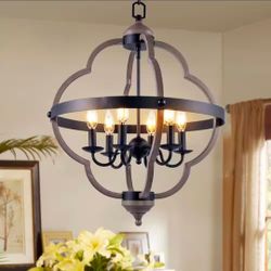Matte Black & Anchor Grey Oak Candle Style Empire Chandelier