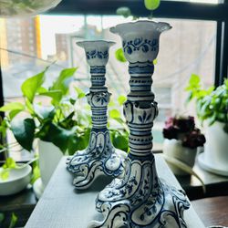 1950’s Outeiro Agueda Portugal Porcelain Hand Painted Candle Stick Holders (2)