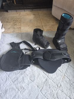 Brace back and leg ankle braces. Ankle wrap. Broken ankle. Lumbar support
