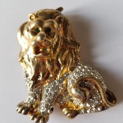 Gold Lion White Stones Green Eye Pin/brooch
