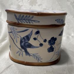 Blue & White Pottery Lidded Box With Birds And Foliage