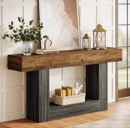 63-Inch Long Console Table, 2-Tier Entryway Table Sofa Table with Storage, Rustic Brown & Gray.