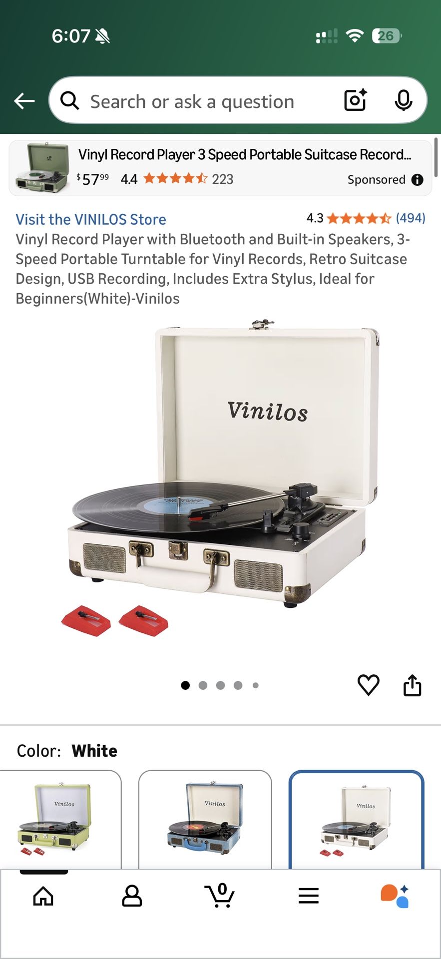Vinyl Record Player with Bluetooth and Built-in Speakers, 3-Speed Portable Turntable for Vinyl Records, Retro Suitcase Design, USB Recording, Includes