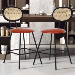 Barstools Set of 2, Faux Leather Counter Stool with Rattan Backrest Modern Industrial Upholstered Counter Height Stools Urban Mid Century Bar Chairs w