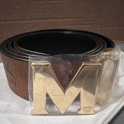 MCM Claus Brown Belt With Gold Plated Buckle