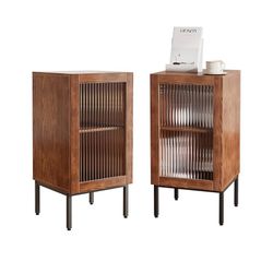 Set of 2 End Table, Farmhouse Sofa Table with Glass Door, Side Tables for Living Room, Bedroom, Brown