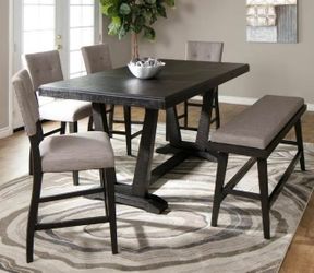 Hampton Brown Oak 6-Piece Counter Set with: Counter Table, 4 Chairs & Bench USED