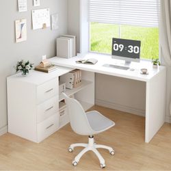 White L-Shaped Desk with Drawers and Shelves