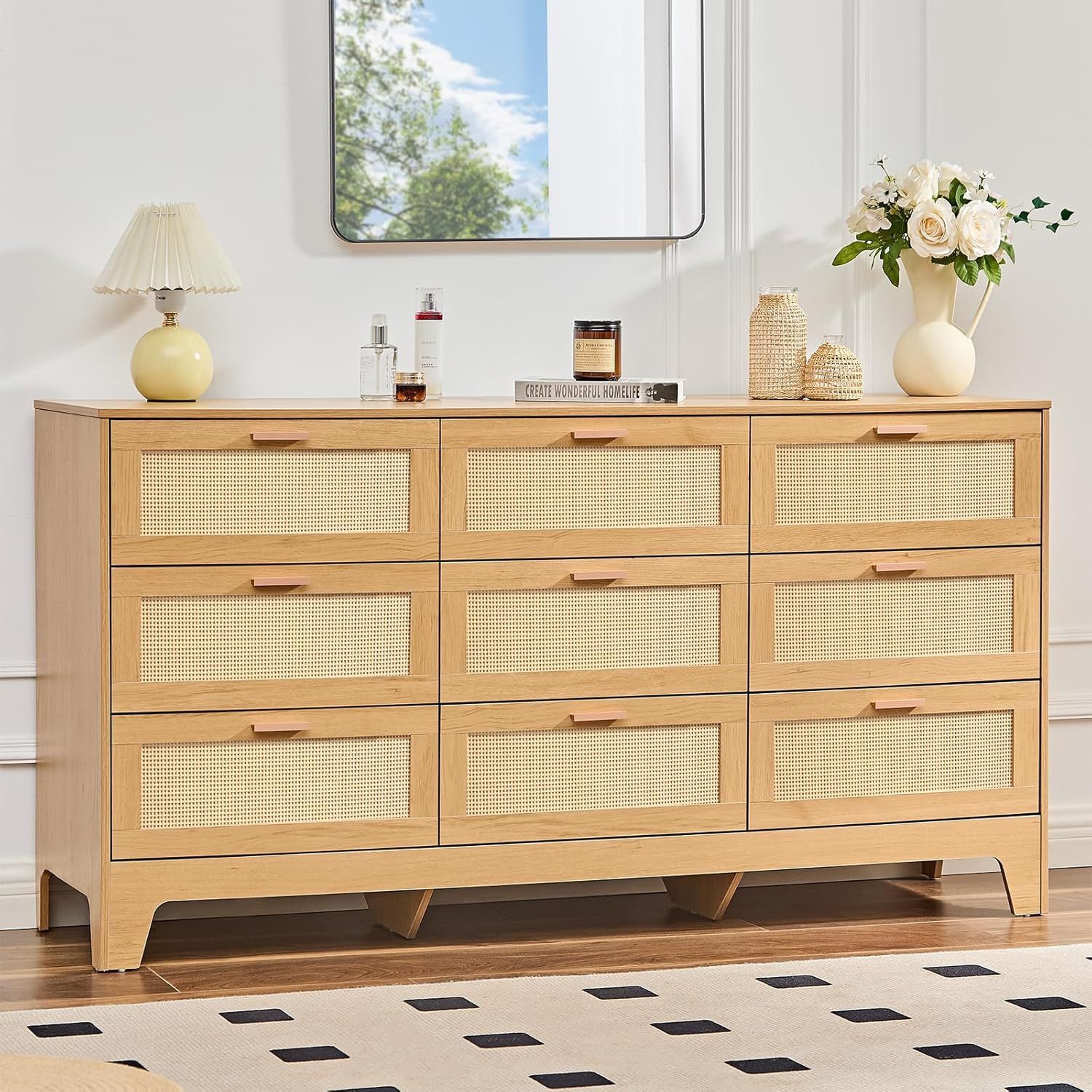 tall wide dresser LINSY Fluted 9 Drawer for Bedroom, 58