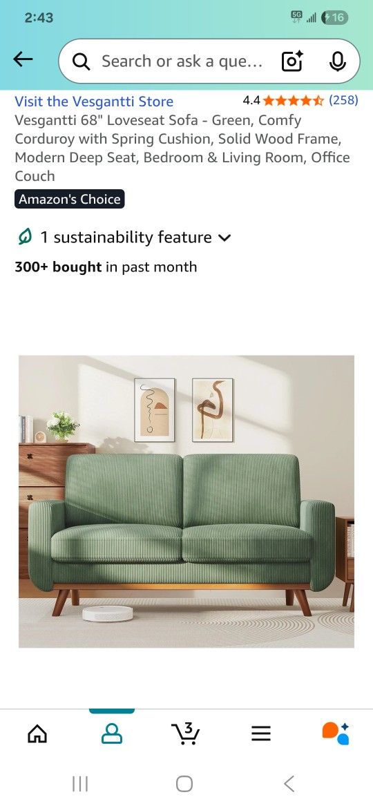 Green Corduroy Loveseat Couch/Sofa