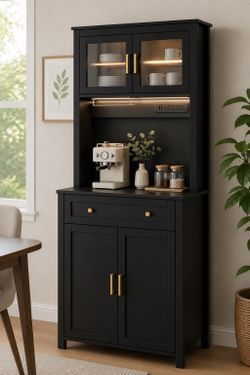 Modern Black Kitchen Storage Cabinet with LED Light & Power Outlet – Brand New