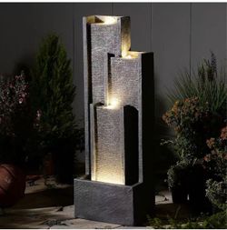 2010 39" Modern Water Fountain Outdoor – Tiered Grey Rectangle Outdoor Waterfall Fountain with LED, Indoor Water Feature for Lawn Garden Porch or Back
