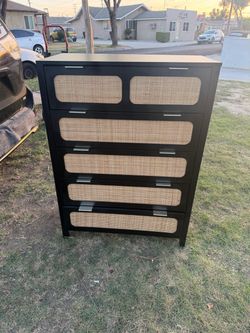Black 5-Drawer Dresser with Cane Panels