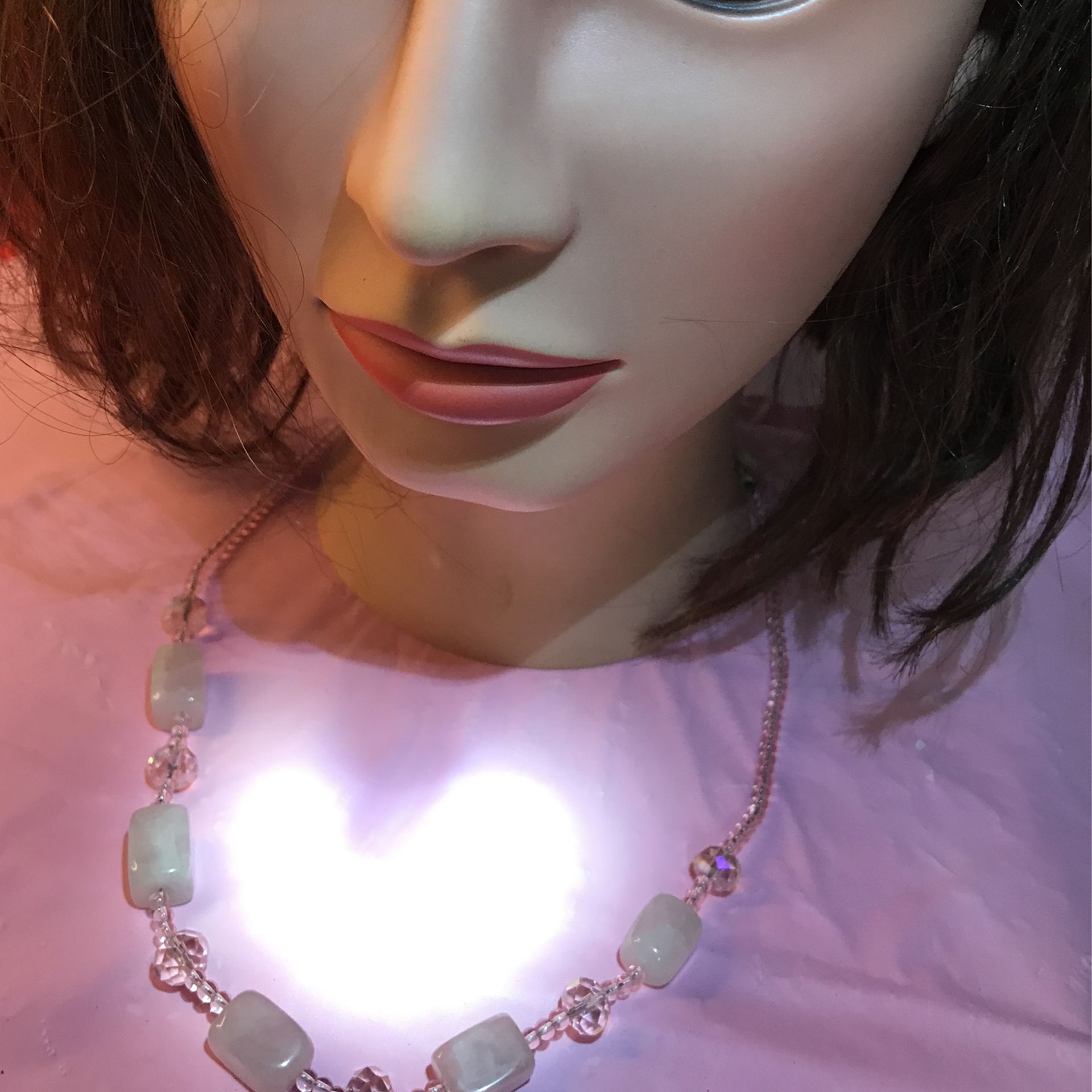 22 1/2" Adjustable choker chain necklace pink silver glass stone charm beads