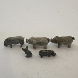 Vintage Pewter Pig Family Set Of 5 Figurines