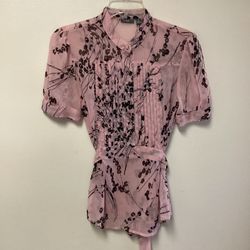 Women’s APT.9 100% polyester pink print short sleeve semi-sheer tie Back blouse… Size small