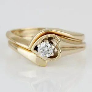 14k Yellow gold Solitaire Diamond Heart Bridal Wedding Band Engagement Ring Set 