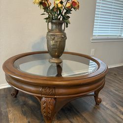 Antique Round Carved Coffee Table with Glass Top