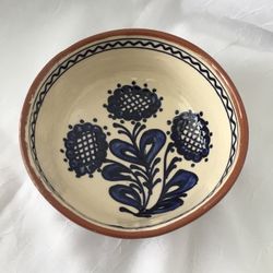 Cobalt Blue 6” Bowl -Hand Painted Terra Cotta -Red Ware- Signed