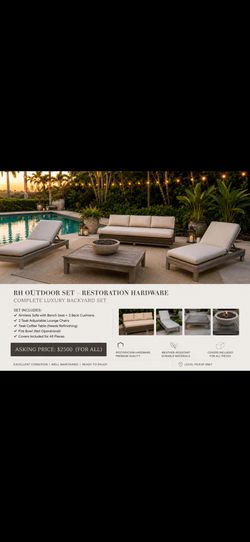 RESTORATION HARDWARE 2 TEAK LOUNGERS, 3 Seater Sofa, Coffee Table And fire Bowl